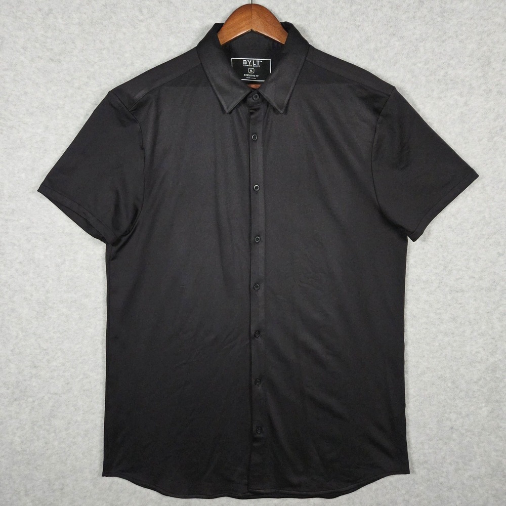 BYLT Mens XL Black Shirt Executive Fit Short Sleeve Button Down Performance Tech